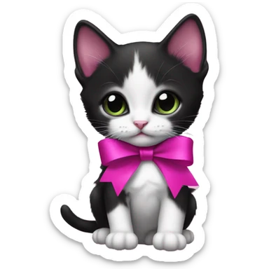 Baby Tuxedo kitten with a magenta ribbon  sticker