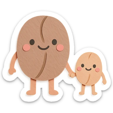 kawaii coffee bean character family, big bean and small bean holding hands, soft pastel colors, full body sticker