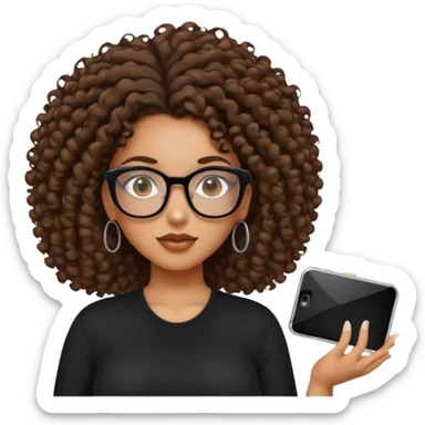 A mixed girl with rectangle glasses, the girl is wearing a black shirt, the girl has brown curly big hair pulled back and the girl has big boobs  sticker