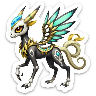 Big-eyed anime-styled Colorful Shiny Tribal Skeletal masked armored Meloetta-Silvally-Solgaleo-Raikou-Pokémon-Digimon-Fakémon-fusion-hybrid-creature, full body sticker