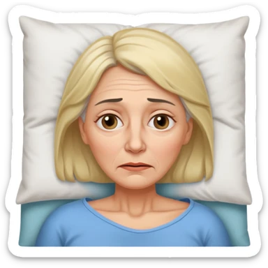 A 55-year-old woman lying in bed. She looks exhausted and desperate, with visible dark circles under her eyes, tired facial expression. sticker