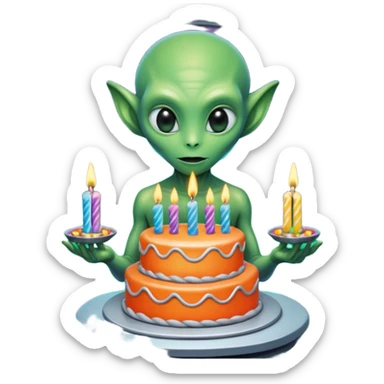 A detailed alien holding a colorful birthday cake with lit candles, standing inside a futuristic spaceship, cinematic lighting, ultra realistic textures, high resolution, dramatic shadows, sci-fi atmosphere
 sticker