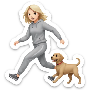 A beautiful girl with fair skin wearing a gray sweatshirt and sweatpants happily chasing a Labrador sticker