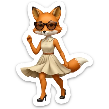 serious anthropomorphised female fox in stylish dress with sunglasses, walking with confidence, full-body view sticker