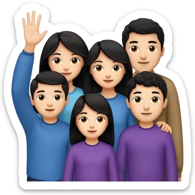Hispanic family of five waving: mom with long straight hair, dad with short curly hair, two boys with matching short hair, and a girl with long straight hair sticker