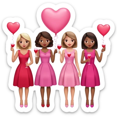 galentines party : they wea red and pink dresses, hold pink and red heart balloons and pink cocktails in their hands, there is a blond girl, a brunette, an asian, and a brown skin girl sticker