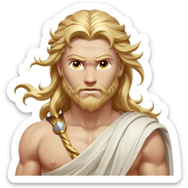 Cinematic Realistic Thor Portrait, depicted as a classical Greek god with a chiseled, sculpted physique reminiscent of ancient marble statues. His fair, luminous skin carries a subtle golden sheen, and his long, wavy, sun-kissed golden hair flows elegantly around his noble face, accentuating his determined, piercing eyes. Draped in a flowing white toga with delicate golden accents and hints of lightning motifs, the portrait is rendered in dynamic natural lighting with a radiant, mythic glow that exudes timeless strength and divine grace. sticker