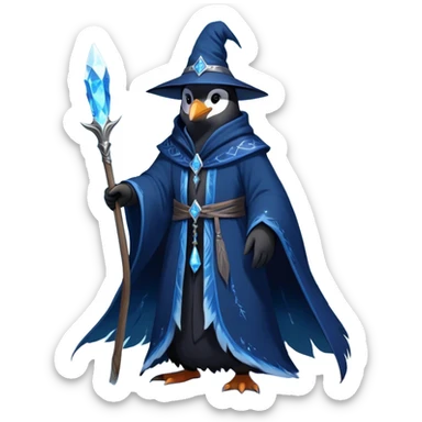 A mysterious penguin mage with sleek midnight-blue feathers, wearing a flowing black robe adorned with silver runes. A tall, pointed wizard hat sits slightly tilted on his head, the brim casting a shadow over his glowing icy-blue eyes. His flipper clutches an ancient wooden staff topped with a swirling crystal, radiating a soft, cold light. Snowflakes drift around him as he stands on a frozen cliff, his aura crackling with arcane energy, ready to summon a blizzard with a flick of his staff. sticker
