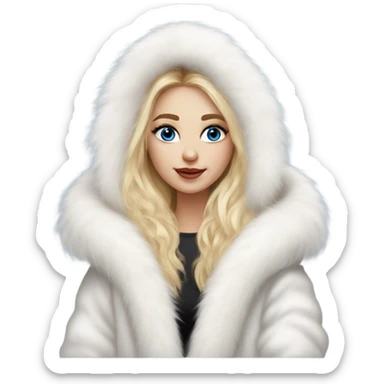 Beautiful Girl with lashes and blue eyes, blonde hair, in a extremely big fluffy oversized white fur coat with hood on. The fur is real and it’s very obvious big and fluffy  sticker