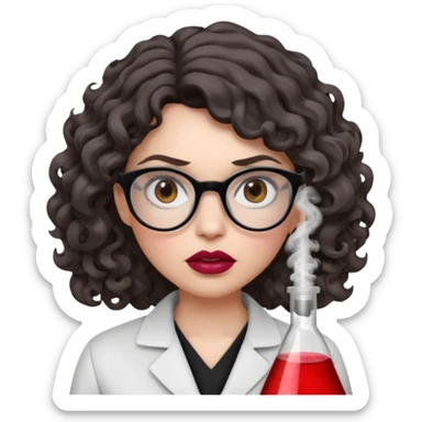 A crazy female scientist, with curly-wavy dark brown medium lenght hair, brown eyes and light grey glasses and pale skin and pinkish lips, dressed to look like an english teacher but in neutral tones like grey black white, maybe with the pop of dark red, she should look slighltly mad/crazy sticker