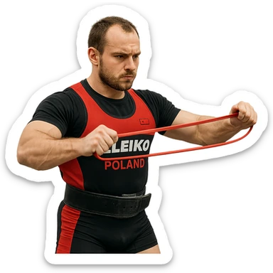 European powerlifter in competition, training backstage with resistance bands, competition clothing, focused atmosphere, isolated on white background sticker