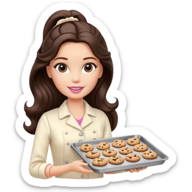 A Barbie girl with long dark brown wave hair in a cream clothes holds a Baking tray with cookies sticker