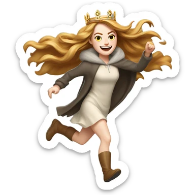 Emma Stone running, with a large stride and arms outstretched, wearing an icicle crown and winter cloak, long golden brown hair sticker