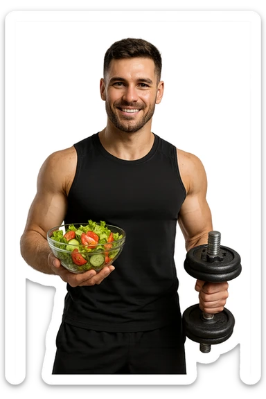 uomo fitness che fa ha un insalata nella mano destra e un manubrio da palestra nella mano sinistra sticker