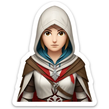 icon featuring Assasin's Creed in an iconic assassin's hood, standing tall. Florence is on background. The design captures the essence of adventure, with intricate details of historical architecture and a sense of mystery. The character is poised, ready for action. transparent background. sticker
