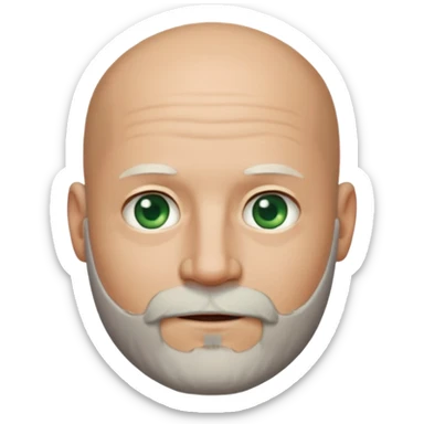 a man with light skin, a bald head, and a well-maintained beard that is darker at the top and greying towards the chin. He has striking light green eyes and a subtle, closed-mouth smile. The lighting highlights his face, and the background is softly blurred, suggesting an indoor setting. sticker