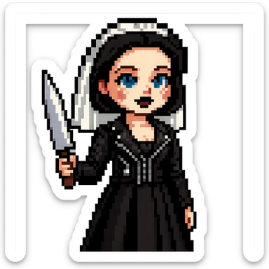 Make Chucky’s bride doll hold a knife, keep her in a black dress and leather jacket with dark makeup, pixel art style sticker