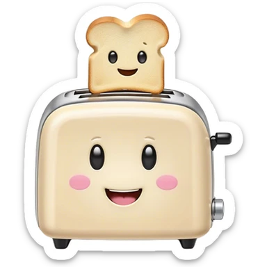 Cute Kawaii Toaster, tiny and square, soft pastel cream with a happy smile, chubby cheeks, two little toast slices popping out, giggling in excitement! sticker