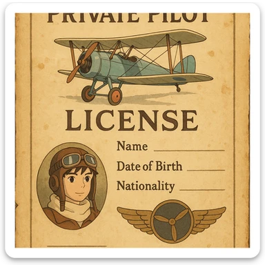 vintage-inspired private pilot license with a parchment background and classic aviation motifs sticker