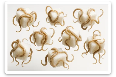 ZOLLETTE DI ZUCCHERO CON PARASSITI TIPO LA TENIA ARROTOLATE INTORNO AD OGNI ZOLLETTA, FLUTTUANO IN ARIA SU SFONDO BIANCO, IPERREALISTICO 4K sticker