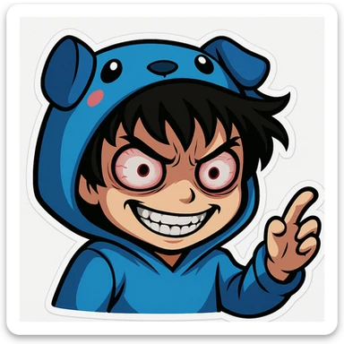 Edit the boy's face to have a scary, wide-eyed expression with a sinister grin, keeping the original cartoon style and quality consistent with chibi stickers style. sticker