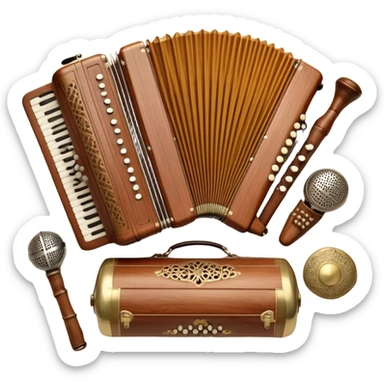 Create a colorful and cultural humanless emoji representing folk singing. The design should feature a collage of traditional folk instruments, such as a wooden flute (dudka), a button accordion (harmon), a set of gusli, and a tambourine (buben), all arranged in a harmonious, flowing design around a vintage microphone. The instruments should have earthy, natural tones like wood browns, brass accents, and vibrant colors reflecting their folk origins. Add subtle musical notes to tie the elements together, symbolizing the power of folk music. The background should be transparent. sticker