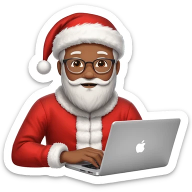 Jeune développeur homme de teint noir, assis devant un ordinateur portable affichant du code, dans une ambiance de week-end festive. À côté de lui se tient le Père Noël, souriant, portant sa tenue traditionnelle rouge et blanche.  sticker