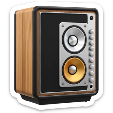 3D render of Speaker Stack, vintage 1980s audio equipment aesthetic, tactile analog buttons, matte black cabinet with a large white cone center, mixed wood grain and brushed aluminum textures, Apple emoji style, isolated on white background --v 6.0 sticker