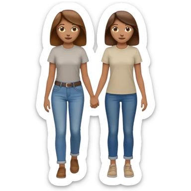 based on emoji style, two people walking together, They are not holding hands. one is brown-haired woman, wearing a shirt,  Another one is a non-binary person, wearing t shirt and jeans, and the second person doesn't have anything on their hands.  sticker