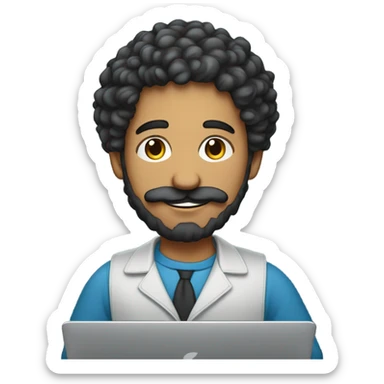 no glasses, Mexican school IT technician with apple laptop and with curly hair and mustache and beard 
 sticker