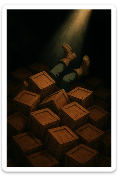 A pile of small oblong crates hidden in a dark area with a beam of light shining from above, with someone’s boots sticking out like they dove in sticker