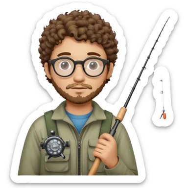 A young adult man with short curly brown hair, round glasses, light beard, wearing fishing gear and holding a fishing rod. sticker