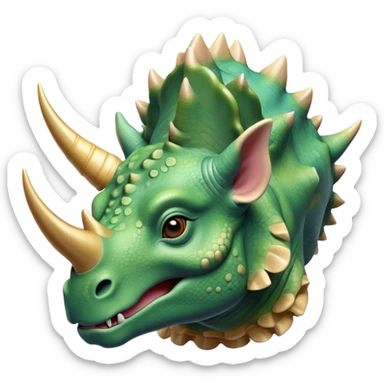 Beautiful and Majestic Triceratops Portrait Emoji, Head and body rendered in serene repose with a gentle, content smile, showcasing a robust, horned form with an intricately frilled head and eyes softly closed in tranquil repose, Simplified yet exquisitely endearing features, highly detailed, glowing with a soft, drowsy prehistoric light, high shine, relaxed and utterly majestic, stylized with an air of ancient splendor, soft glowing outline, capturing the essence of a beautiful and majestic Triceratops that embodies the timeless strength of the ancient world! sticker