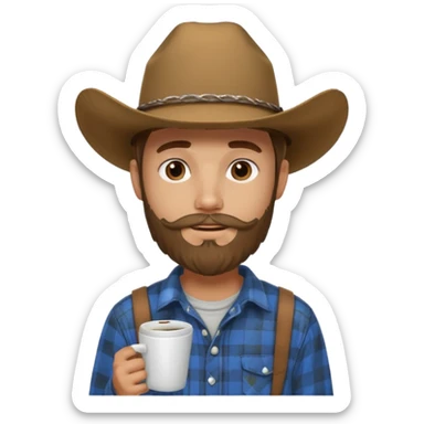 generate an ios genmoji of a 20 year old tan boy with a cowboy hat and french beard. Wearing a flannel and carrying a coffee mug sticker