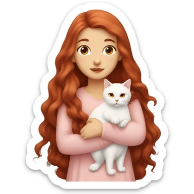 girl with very long dark red hair and brown eyes and light pink outfit hugging a white and ginger scottish cat  sticker