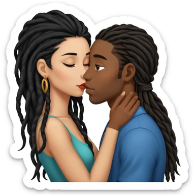 Latina Woman with long hair kissing a young black guy with dreads chin hair sticker