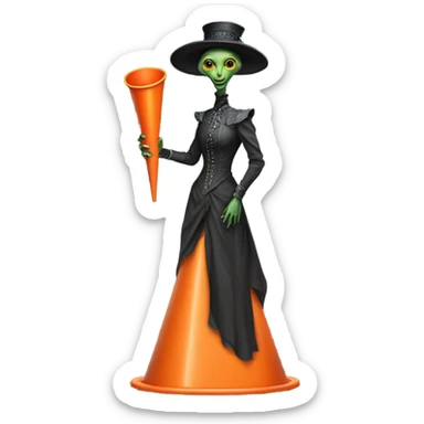 alien galora in Victorian dress elegant, full body, holding big traffic cone sticker