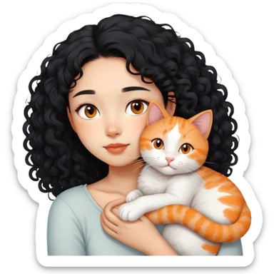 Asian girl with curly black hair and the cat is lying on her shoulder, cat is mostly white with orange markings, tender moment sticker