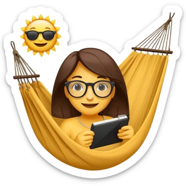 Créer un emoji stylisé et coloré représentant le week-end, joyeux et relaxant. L’emoji doit être rond, lumineux, avec un visage souriant ou des lunettes de soleil teint noir. Ajouter des éléments évoquant le repos ou le plaisir : café, hamac, soleil, musique, détente.  sticker