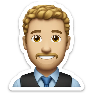 A white man who looks about 25 years old, light-skinned with well-groomed brown hair and a slight goatee. He is wearing a blue shirt, a gold tie, and a black vest. He is smiling. sticker