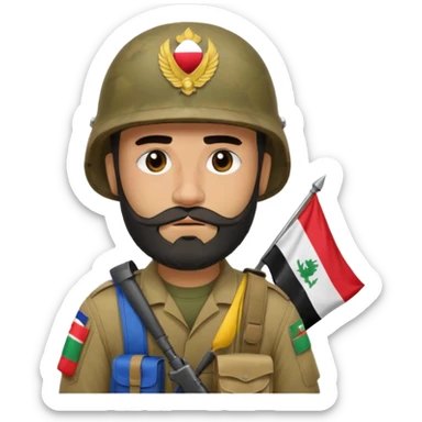 A very tired and sad, swarthy Iraqi soldier with a beard, an Iraqi flag on his helmet, a sad expression and bags under his eyes sticker