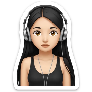 a fair INDIAN girl with straight black long hair, wearing a black cami top. and wearing silver  headphones on sticker