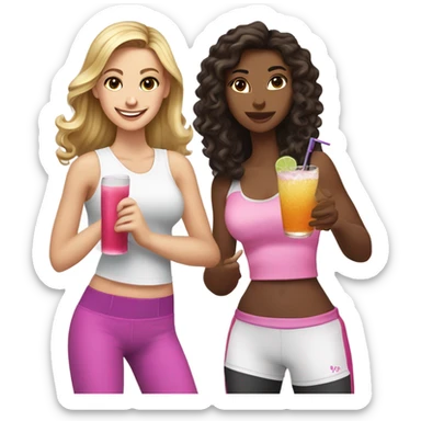 Long curly brown hair with blonde highlights, white skin with a cocktail and a beautiful brunette with a Yorkie and a beautiful blonde girl with pink boxing gloves and a white skin black hair girl white shirt working out sticker