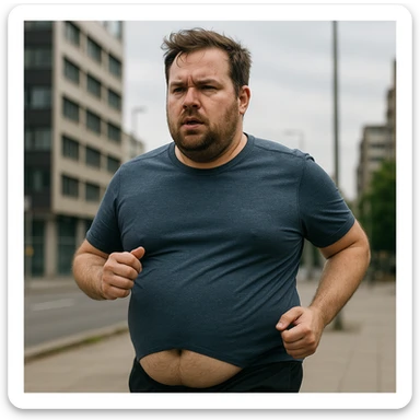 hyper realistic 4K image of a man running outdoors, following a healthy diet but stubborn belly fat persists, realistic details, urban background sticker