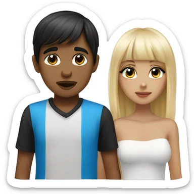 Tan skin girl with black hair and bangs, white skin boy with blonde hair and blue eyes, kissing sticker
