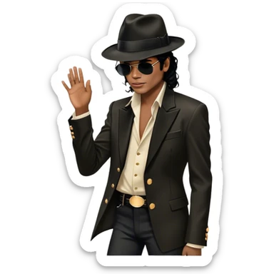 Icon for R&B Music: Michael Jackson in his iconic pose at the end of a song, head tilted, holding his black fedora with one hand. He stands in profile, embodying the smooth and soulful energy of R&B. Musical notes surround him. Transparent background. sticker