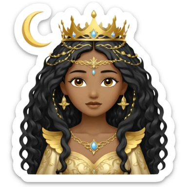 a black beautiful angel with gold pattern on her face and and long wavy black hair, she wears a ethereal crown with sparkling strings and a beautiful sparkling golden gown with moon crest in the middle of the gown, her face calm, gentle and kind, magical aura around her sticker