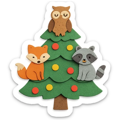 pine tree decorated with woodland critters in paper-craft style sticker