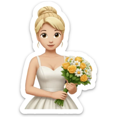 Chica blanca, cabello rubio, recogido en moño alto con mechones, vestido novia , cuerpo entero, ramo de flores en una mano, cola trasera sticker