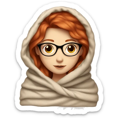 Girl with red hair and pale skin, brown eyes wearing glasses in a cozy blanket  sticker